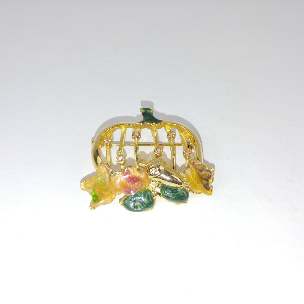 GOLD‎ TONE ENAMEL AND RHINESTONE HALLOWEEN FALL PUMPKIN FOLIAGE BROOCH PIN